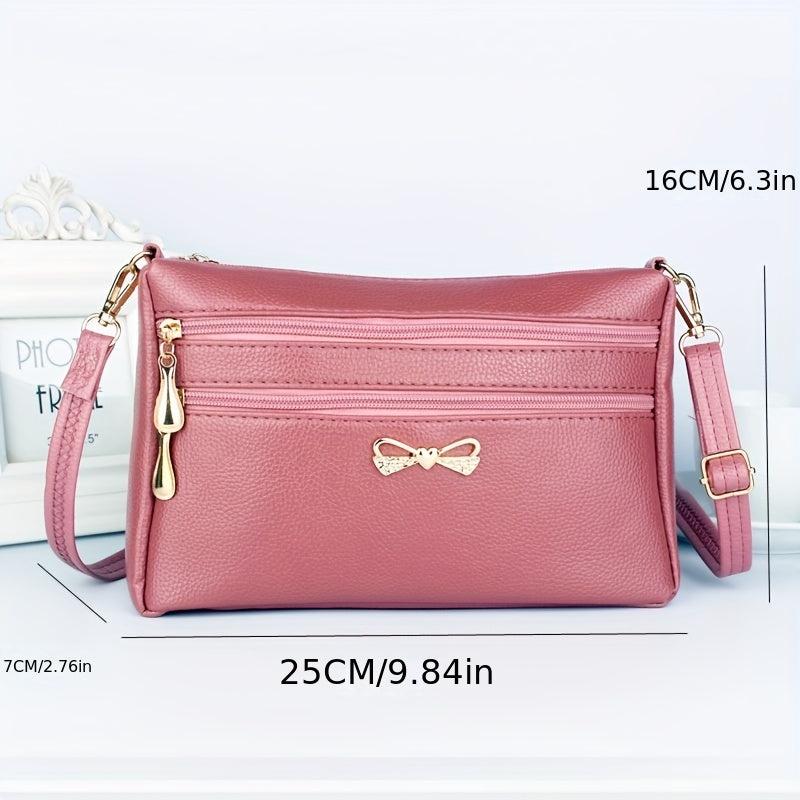 Solid Shoulder Bag Zipper Crossbody Bag Bowknot Decor