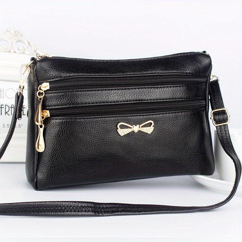 Solid Shoulder Bag Zipper Crossbody Bag Bowknot Decor