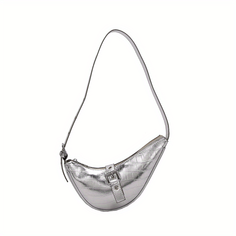 Crocodile Pattern Crescent Bag Chain Metallic Shoulder Purses