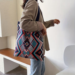 Boho Knitted Shoulder Bag Large Capacity Casual Tote Handbag