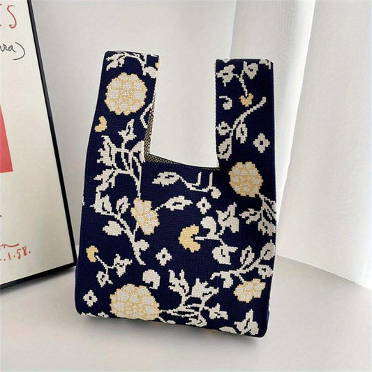 Flowers Pattern Knitted Handbag Fabric Crochet Niche Tote Bag