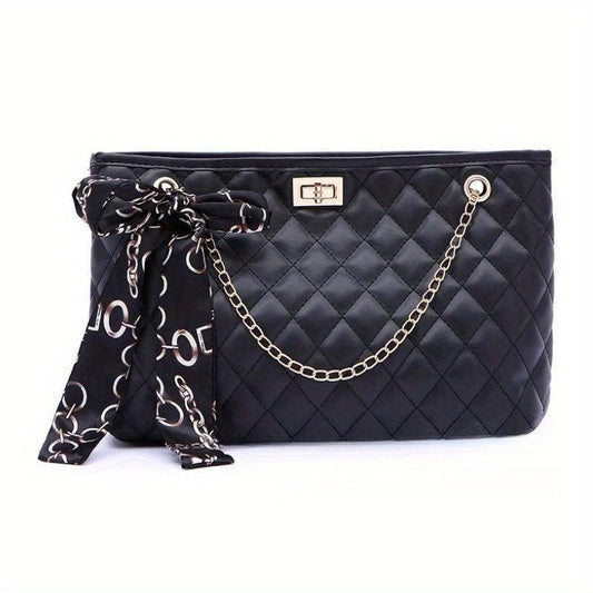 Argyle Quilted Chain Crossbody Bag with Women's Scarf Decor