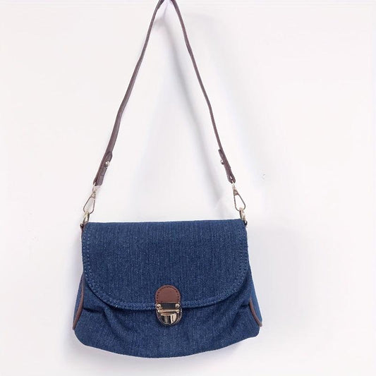 Vintage Denim Shoulder Bag Women's Buckle Decor Handbag Flap Purse