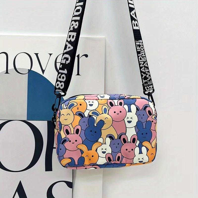 Bunny Print Crossbody Bag Zipper Square Purse Shoulder Bag For Girls Women