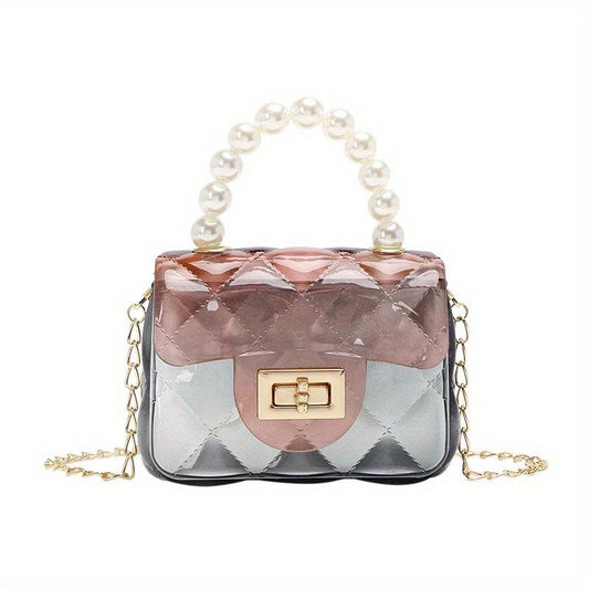 Argyle Embossed Clear Shoulder Bag with Faux Pearl Handle
