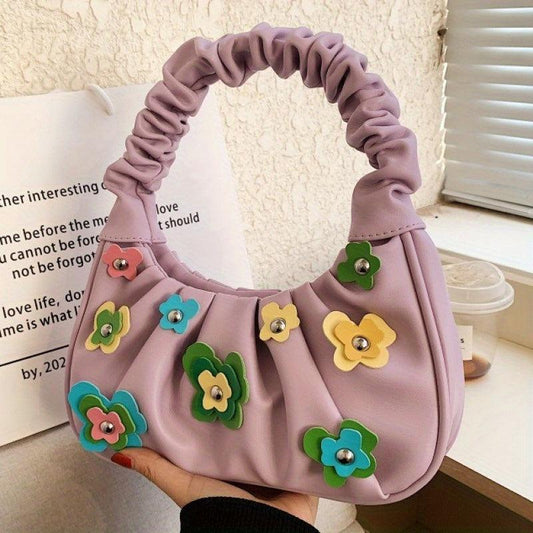 Flower Decor Ruched Shoulder Bag Zipper Portable Armpit Bag