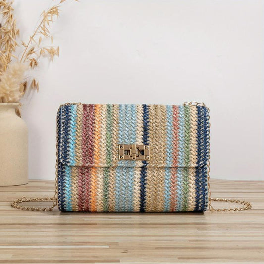 Rainbow Striped Straw Crossbody Bag Boho Style Shoulder Purse