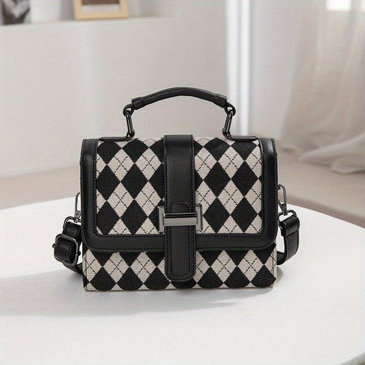 Colorblock Crossbody Bag Houndstooth Pattern Tweed Shoulder Purse
