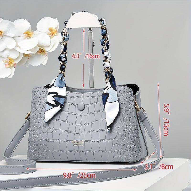 Crocodile Embossed Shoulder Bag with Scarf - Women's Satchel