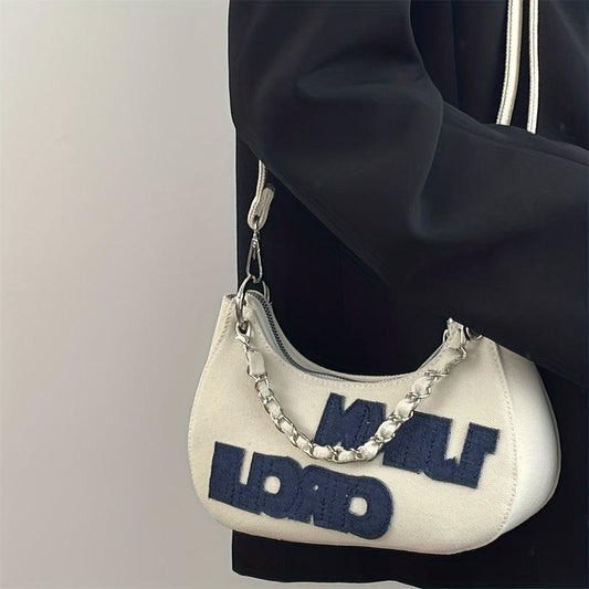 Y2K Denim Underarm Bag Chain Decor Handbag Vintage Letter Patch