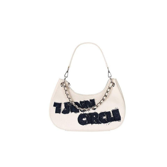 Y2K Denim Underarm Bag Chain Decor Handbag Vintage Letter Patch