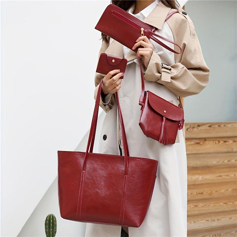 Vintage Large Capacity Tote Bag Retro PU Shoulder Satchel Women's Handbag Set