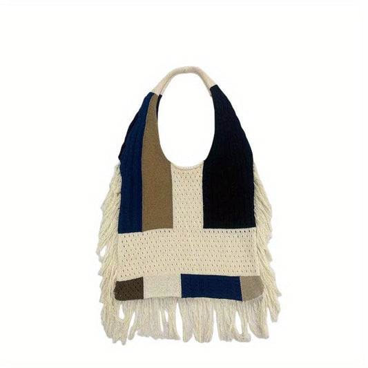 Vintage Colorblock Hobo Bag Retro Grunge Knitted Shoulder Bag