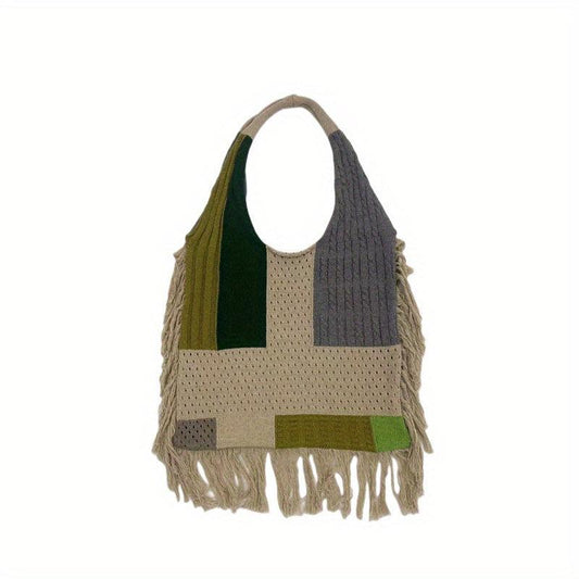 Vintage Colorblock Hobo Bag Retro Grunge Knitted Shoulder Bag