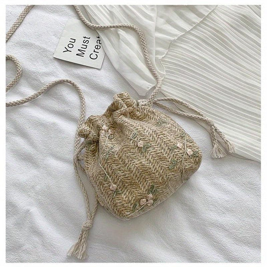 Flower Lace Straw Beach Bag Drawstring Bucket Bag Women's Woven Crossbody Bag
