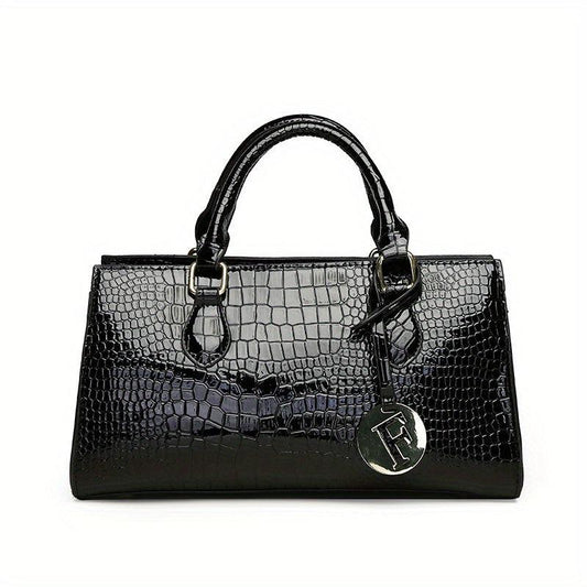 Crocodile Pattern Handbag Large Capacity Tote Bag Glossy Satchel Purse
