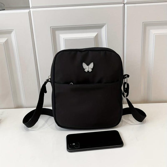 Nylon Crossbody Bag with Butterfly Decor, Square Purse