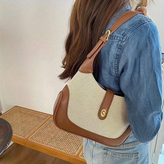 Vintage Canvas Hobo Bag Contrast Shoulder Splicing Purse