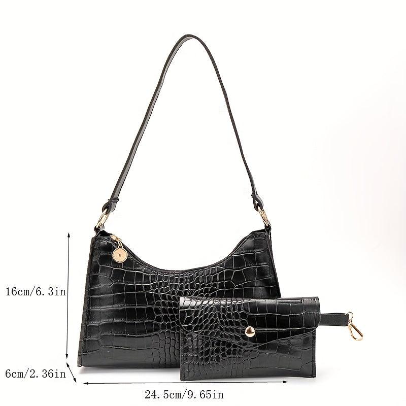 Crocodile Embossed Baguette Bag with Long Purse