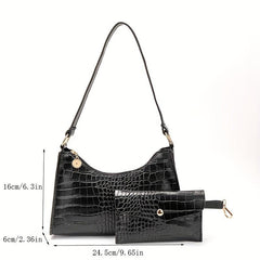 Crocodile Embossed Baguette Bag with Long Purse