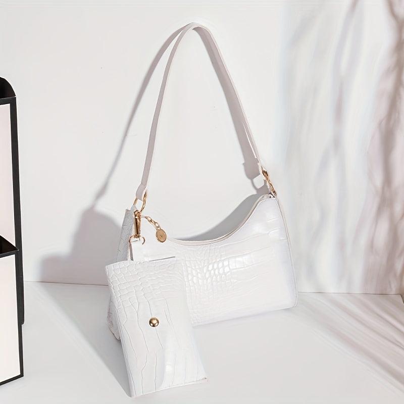 Crocodile Embossed Baguette Bag with Long Purse
