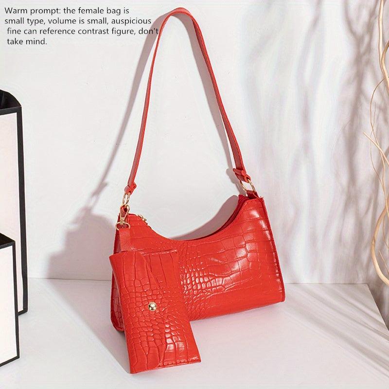 Crocodile Embossed Baguette Bag with Long Purse