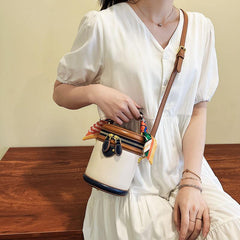 Colorblock Shoulder Cylinder Bucket Bag Scarf Decor Top Handle Bag