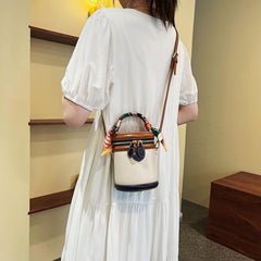 Colorblock Shoulder Cylinder Bucket Bag Scarf Decor Top Handle Bag
