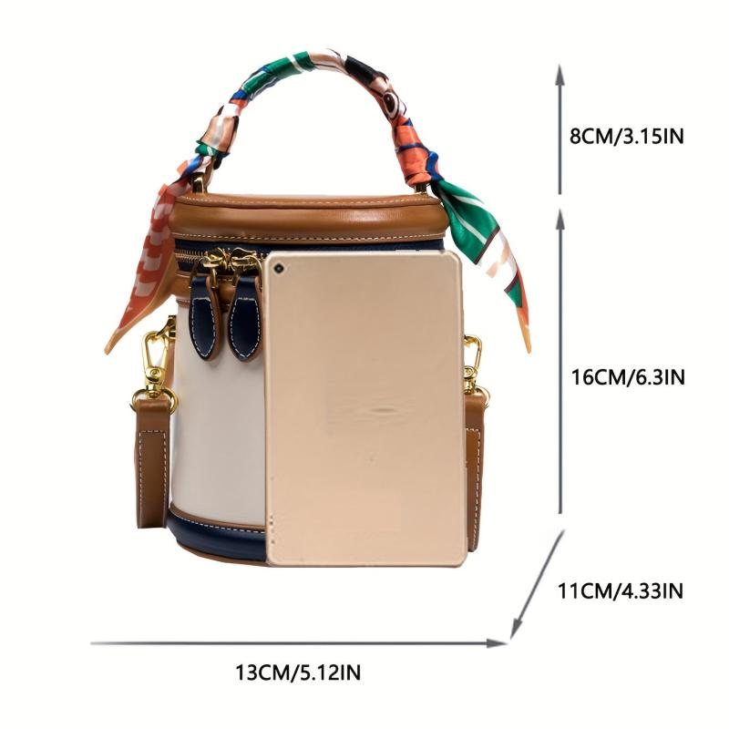 Colorblock Shoulder Cylinder Bucket Bag Scarf Decor Top Handle Bag