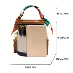 Colorblock Shoulder Cylinder Bucket Bag Scarf Decor Top Handle Bag