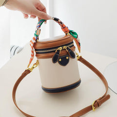 Colorblock Shoulder Cylinder Bucket Bag Scarf Decor Top Handle Bag