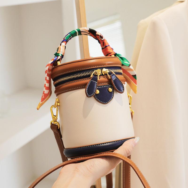 Colorblock Shoulder Cylinder Bucket Bag Scarf Decor Top Handle Bag