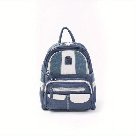 Vintage Denim Backpack Top Handle PU Leather Daypack Mini Schoolbag
