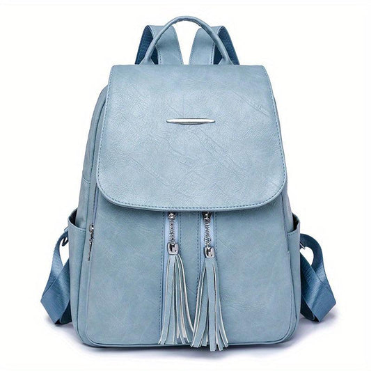 Tassel Decor Flap Backpack Retro Style School Bag Faux Leather Daypack