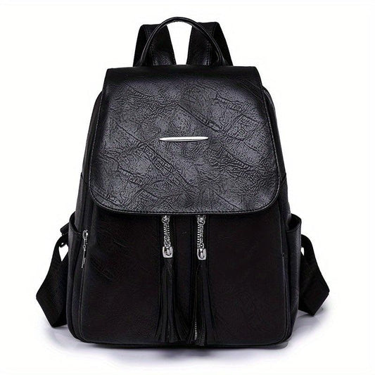 Tassel Decor Flap Backpack Retro Style School Bag Faux Leather Daypack