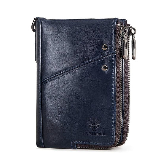 RFID Blocking Men's Leather Wallet Double Zipper Button Wallet