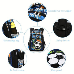Football Print Backpack for Boys, Lightweight, Waterproof, Large Capacity