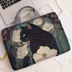 Cat with Peonies Laptop Sleeve 38cm Zip Closure Polyester Office College Commute