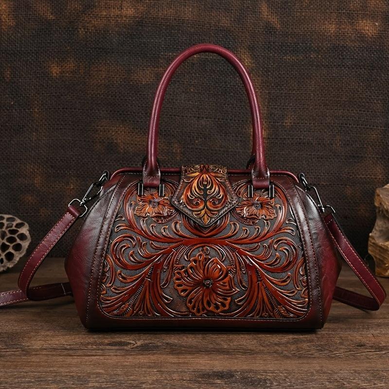Vintage Floral Embossed Tote Bags Brown Red Green w/ Removable Straps
