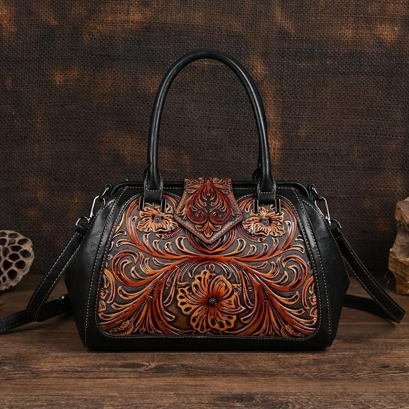 Vintage Floral Embossed Tote Bags Brown Red Green w/ Removable Straps