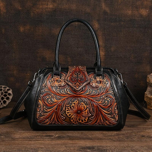 Vintage Floral Embossed Tote Bags Brown Red Green w/ Removable Straps