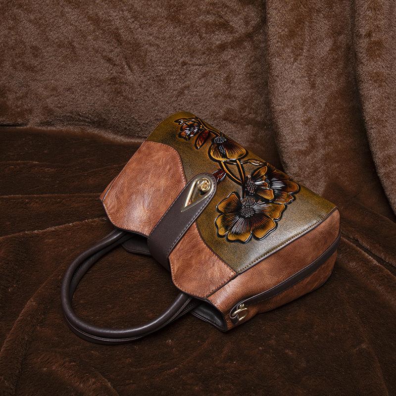 Vintage Floral Embossed Handbag for Women Large Capacity Deep Brown