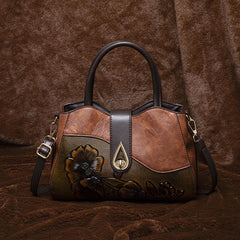 Vintage Floral Embossed Handbag for Women Large Capacity Deep Brown