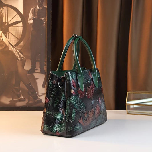 Hand Painted Koi Fish & Lotus Tote Bag - Large Capacity