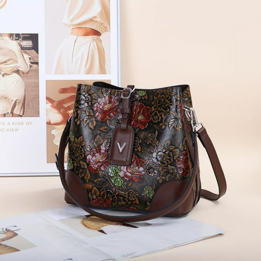 Vintage Floral Embroidery Coffee Bucket Bag for Women