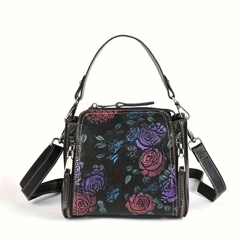Vintage Floral Hand Painted Women's Shoulder Bag Cowhide Leather Urban Style