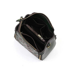Vintage Floral Hand Painted Women's Shoulder Bag Cowhide Leather Urban Style
