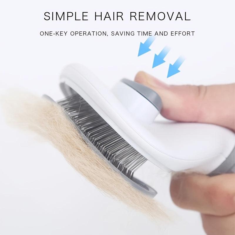 Gray Pet Hair Removal Comb, Stainless Steel Detangling, One-click Hair Removal