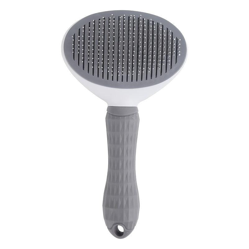 Gray Pet Hair Removal Comb, Stainless Steel Detangling, One-click Hair Removal