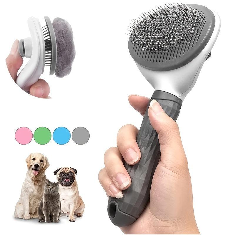 Gray Pet Hair Removal Comb, Stainless Steel Detangling, One-click Hair Removal